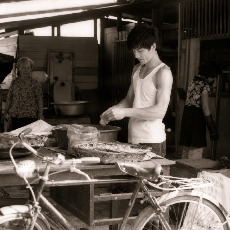 A young man hand-rolling fish balls at a Singapore market stall in the 1970s