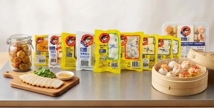 The DoDo range of fish balls, fish cakes and dim sum, with a bamboo steamer and sliced fish cake