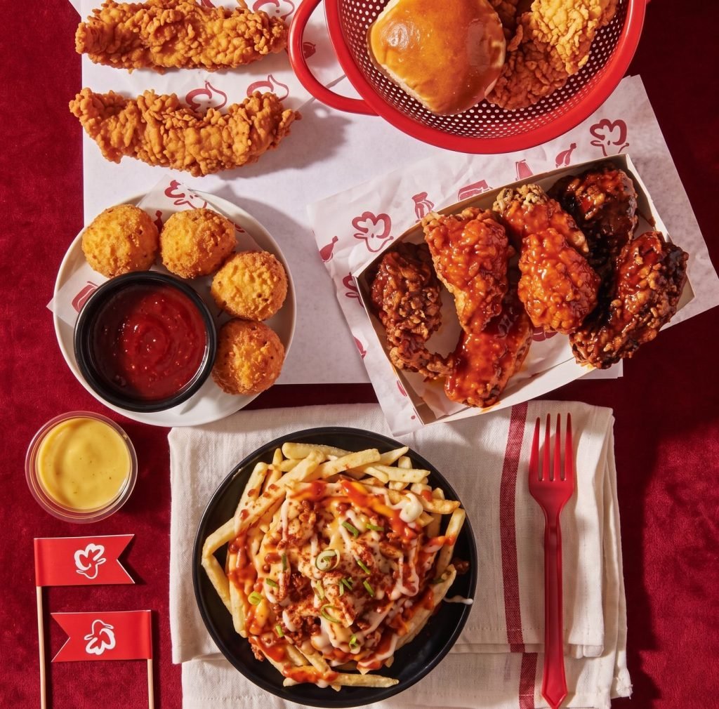 Fried chicken, tenders and loaded fries spread